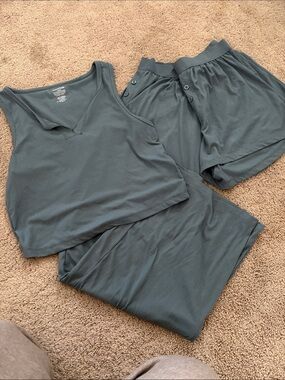 Essentials Ribbed Sleep Set in Slate Green — Tank, Shorts & Pants